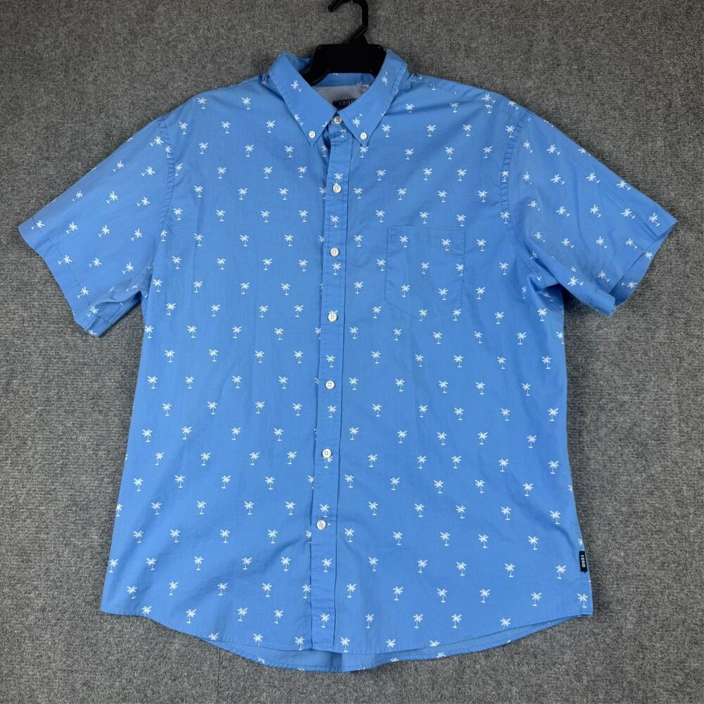 IZOD Men's XXL Palm Trees All Over Print Short Sleeve Button Down Shirt Blue